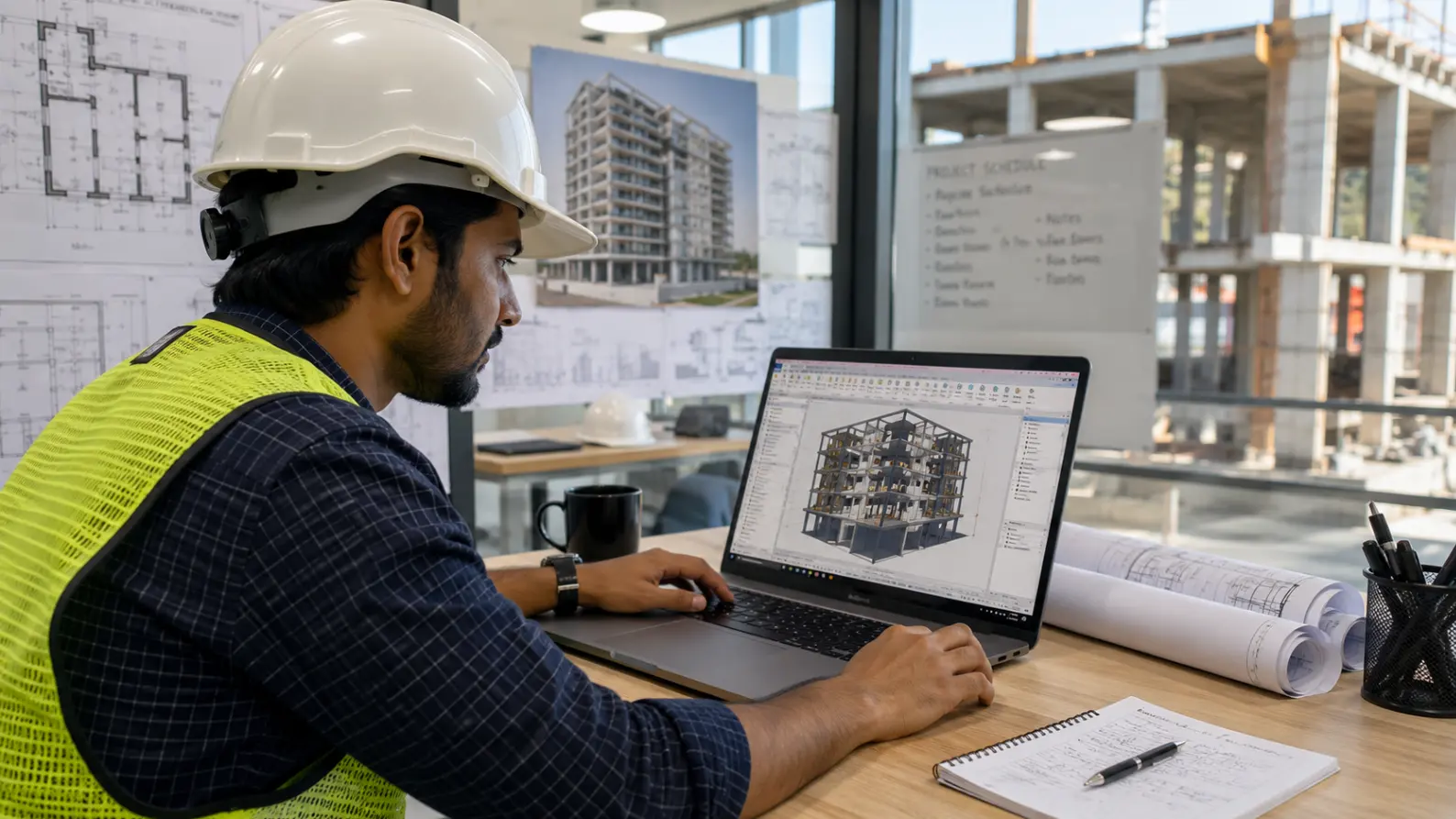 Best BIM course in India for civil engineers 2026 — engineer working on Revit 3D model at construction site