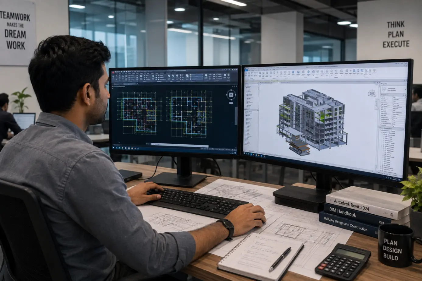 Civil engineer comparing BIM and CAD workflow on computer screen India 2026