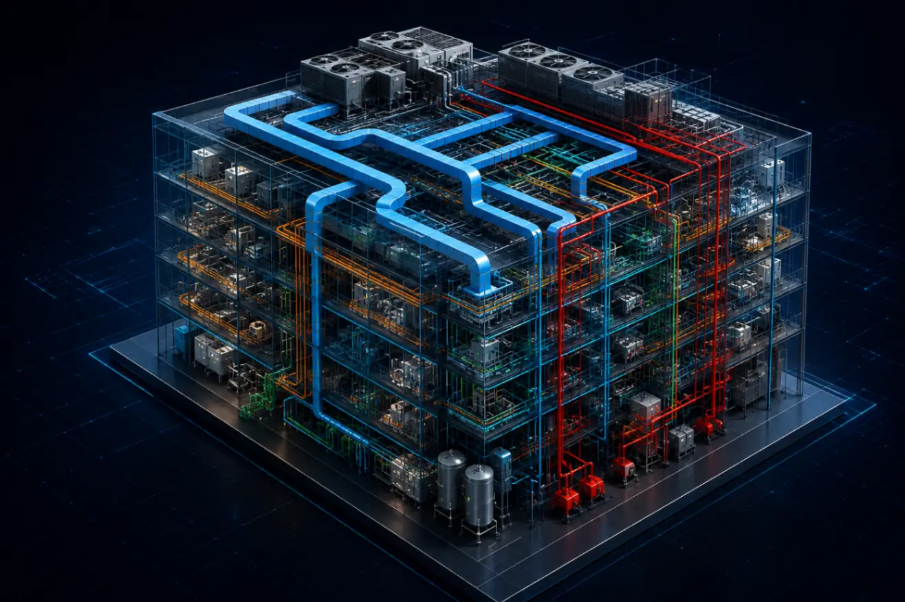 3D BIM model of MEPF systems — HVAC, electrical, plumbing and fire protection — coordinated in Revit, Navisworks and ACC